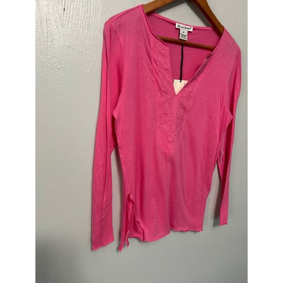 Alexandra Bartlett Tee Pink Pima Cotton Split Neck Long Sleeve Thin Top Size M - Picture 4 of 9